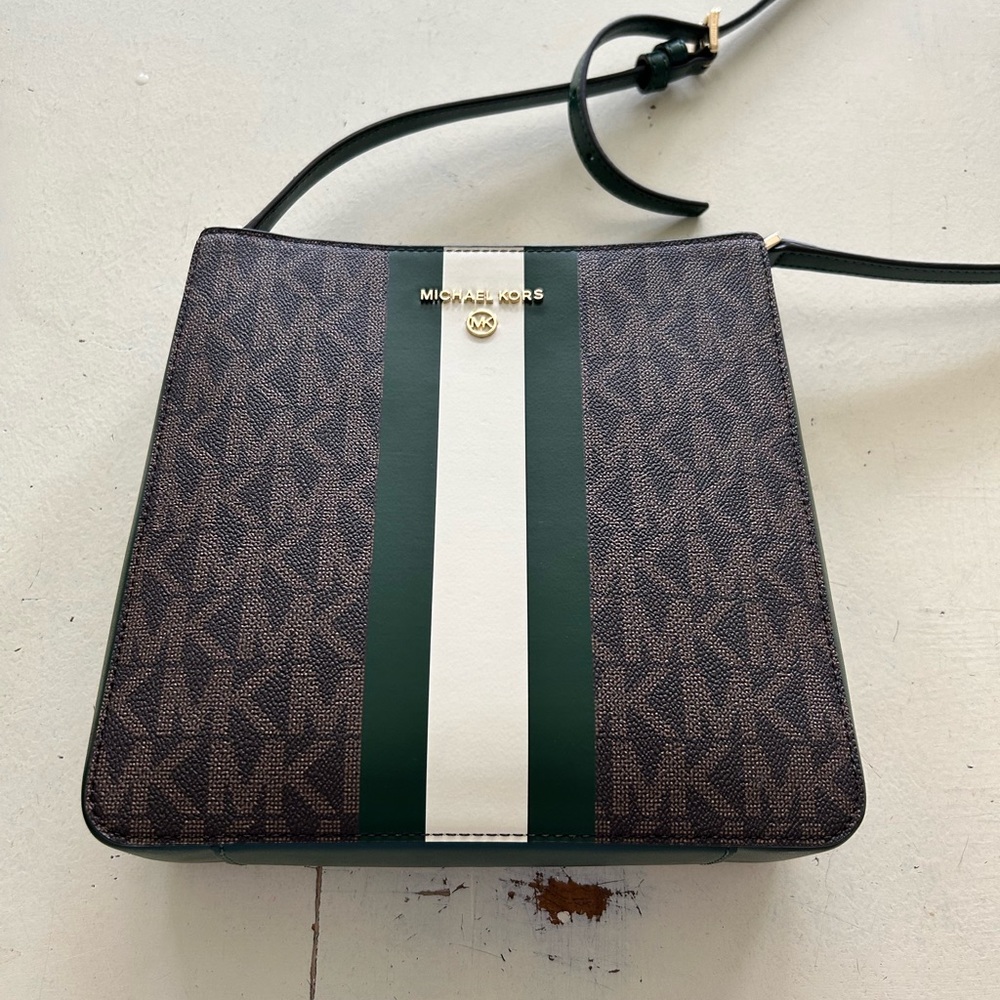 Michael Kors Green/Cream center stripe with gold hardware